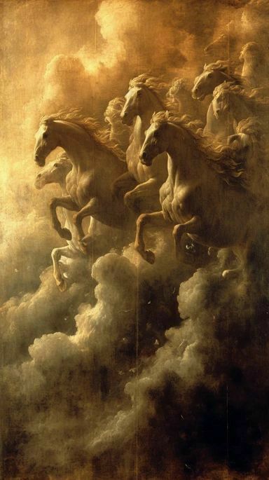 a painting of four horses in the sky with clouds behind them and one horse running