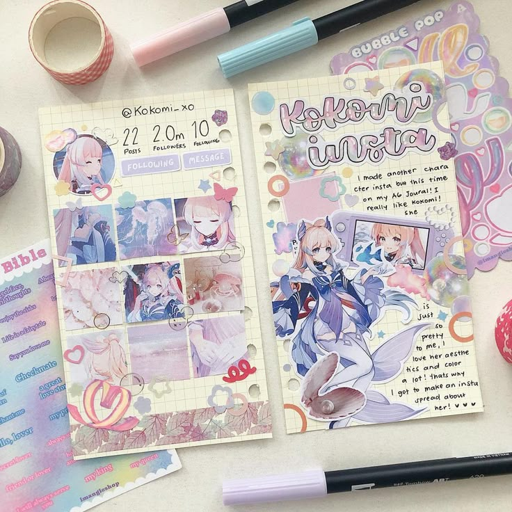 the contents of an anime themed planner spread out on a table with pens and washi tapes