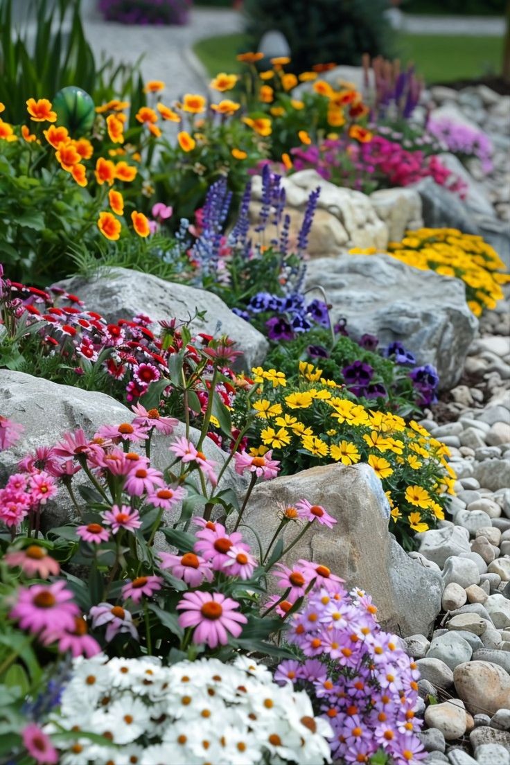 colorful flowers and rocks in a garden bed