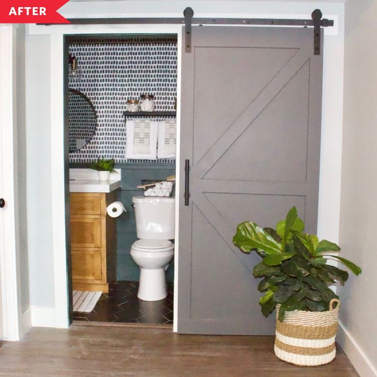 a bathroom with a potted plant next to the toilet and sliding barn door in it