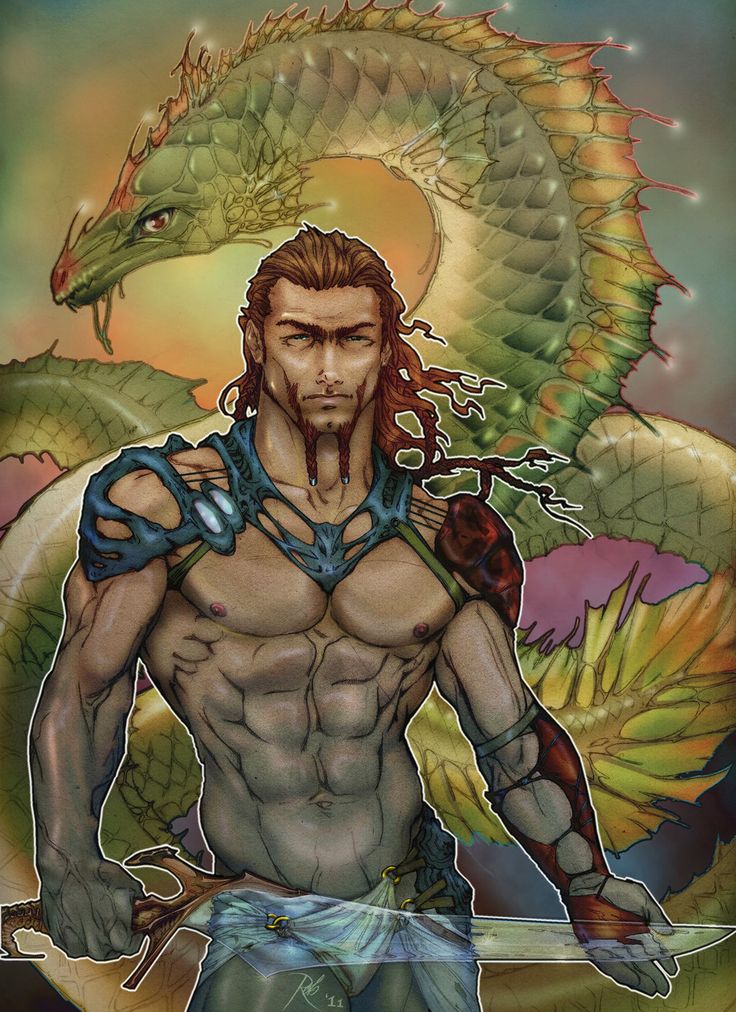 a man standing in front of a dragon and snake