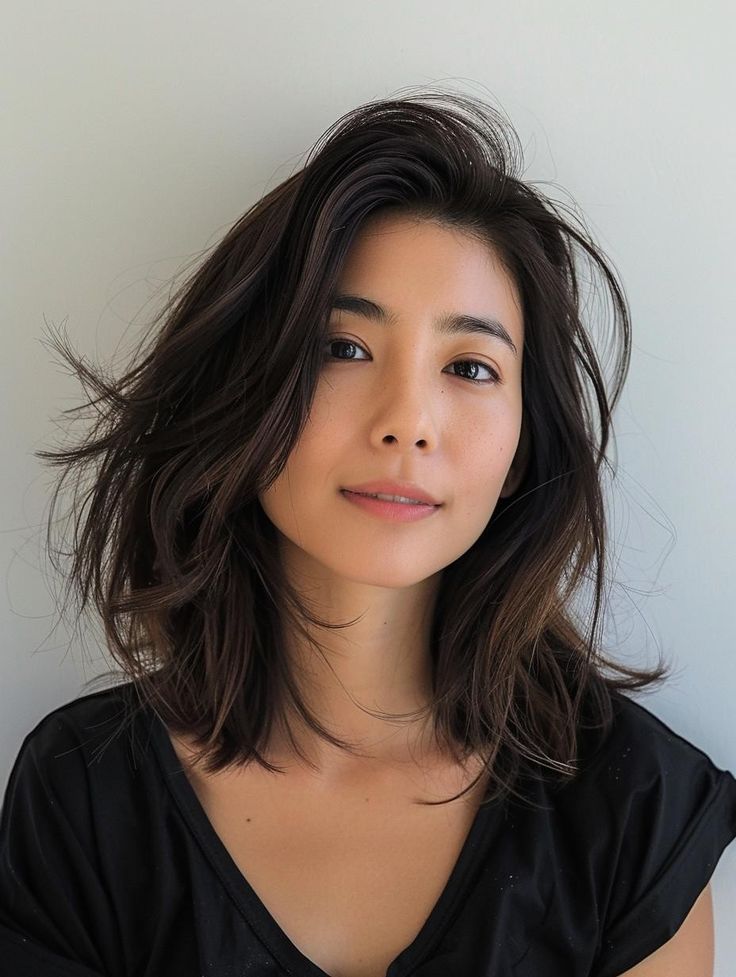 Haircut Inspiration Mid Length Straight, Long Bob With Long Layers, Asian Shoulder Length Hair With Layers, Short Fine Wavy Hair, Lob With Long Layers, Shoulder Length Hair Asian, Asian Lob Haircut, Lob Wavy Hair, Asian Lob