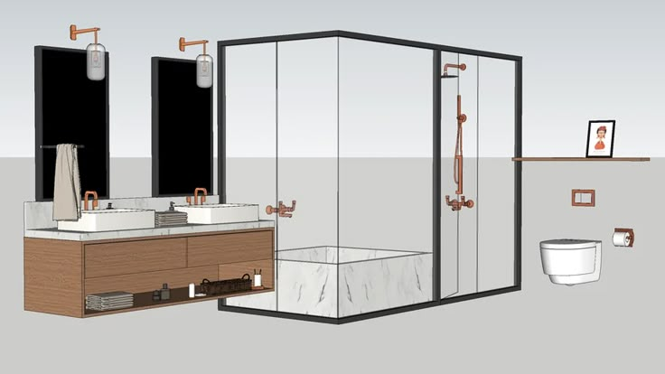 a drawing of a bathroom with two sinks, a shower and a toilet in it