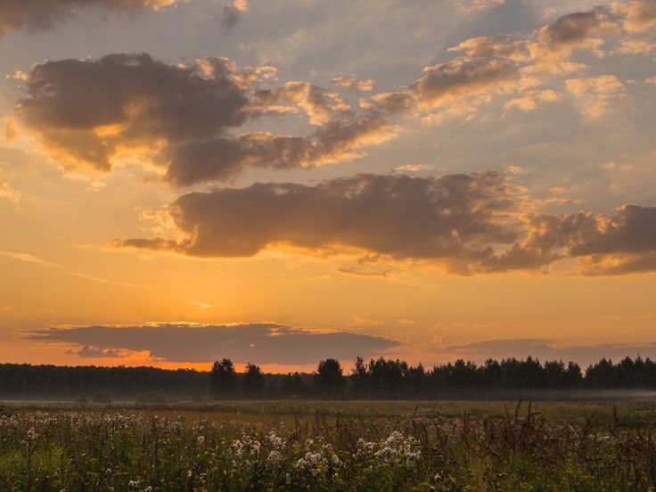 the sun is setting over an open field