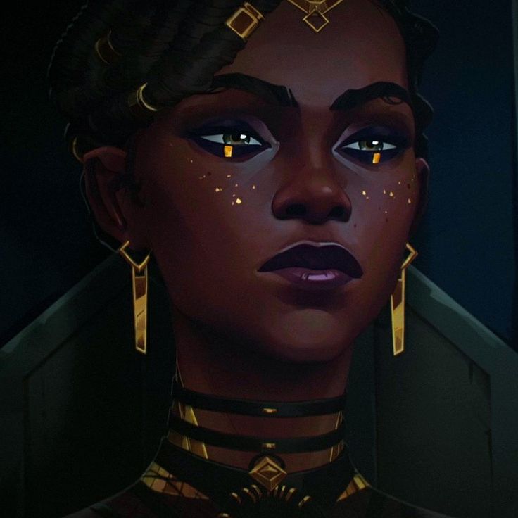 an image of a woman with yellow eyes and gold jewelry on her face, looking into the distance