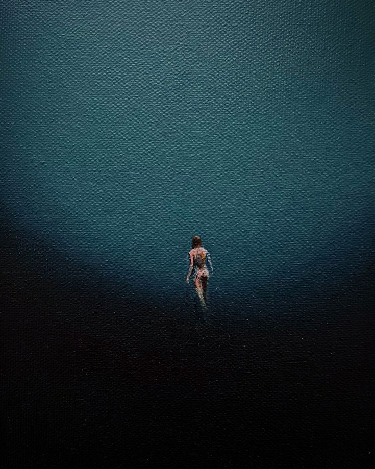 a painting of a person standing in the middle of water with their back to the camera