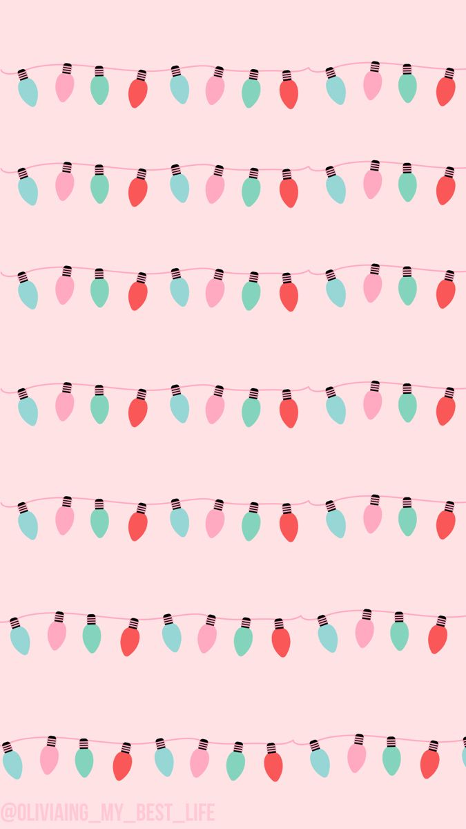 a pink background with small christmas lights on the string and hearts hanging from it's sides