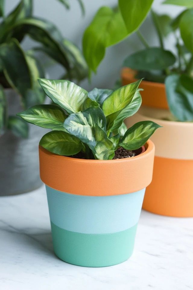 two potted plants sitting on top of a table