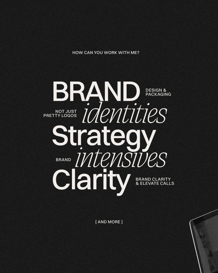 a black and white advertisement with the words brand identifies strategy intensities clarity