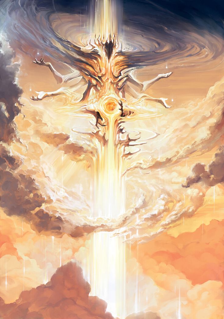 an artistic painting of a cross in the sky with clouds and sun shining behind it