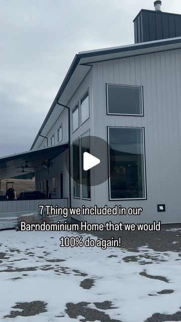 a house with snow on the ground and an advertise that reads,'7 things we included in our barndomium home that we would not