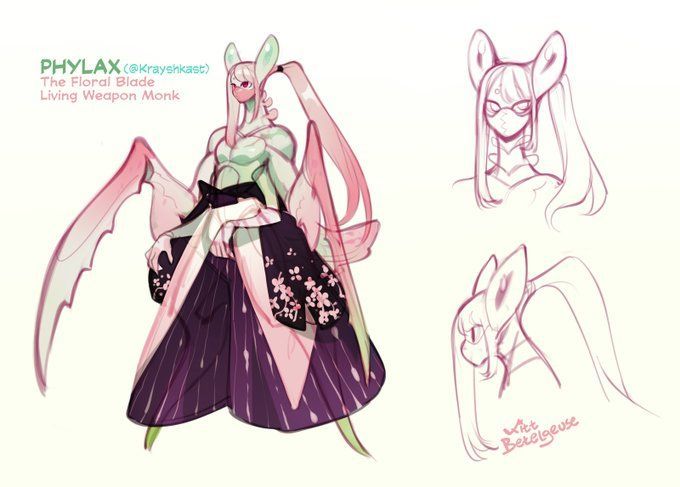 some drawings of an anime character with long hair and pink hair, wearing a purple dress