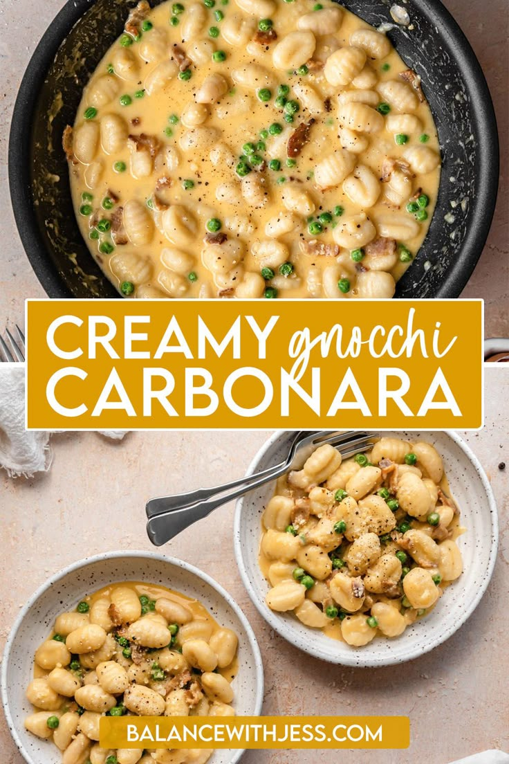 creamy gnocchini carbonara with peas in a skillet