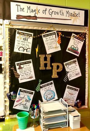 a bulletin board with writing on it and pictures pinned to the wall behind it that says, the magic of growth minds hp