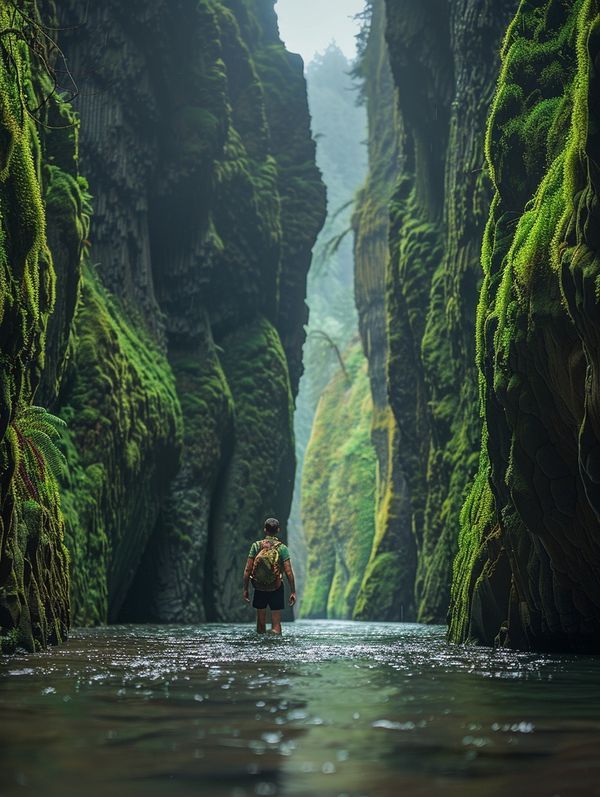 a man is wading through a narrow river surrounded by mossy mountains and trees