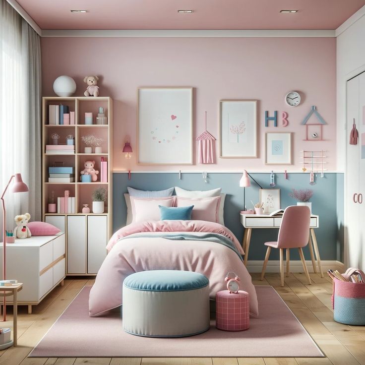 a bedroom with pink and blue decor on the walls, flooring and bedding