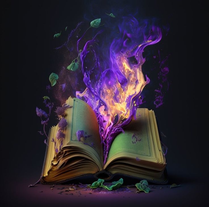 an open book with purple and yellow flames coming out of it on a black background