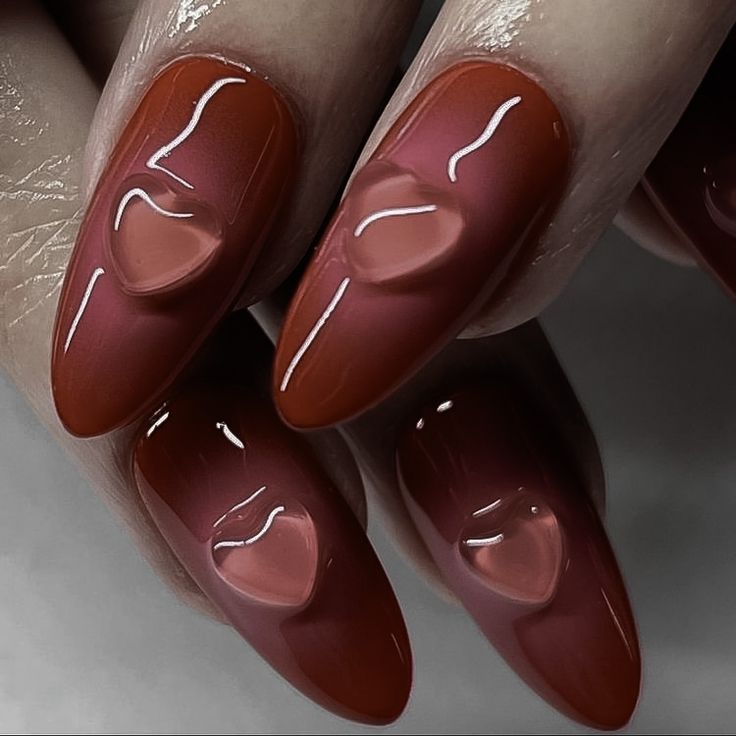 Dark Academia Nail Designs, Jelly Color Nails Korean, Korean Jelly Nails Designs, Korean Nail Art Red, Red Korean Nails, Fall Jelly Nails, Aesthetic Jelly Nails, Korean Gel Nail Designs, Jelly Red Nails