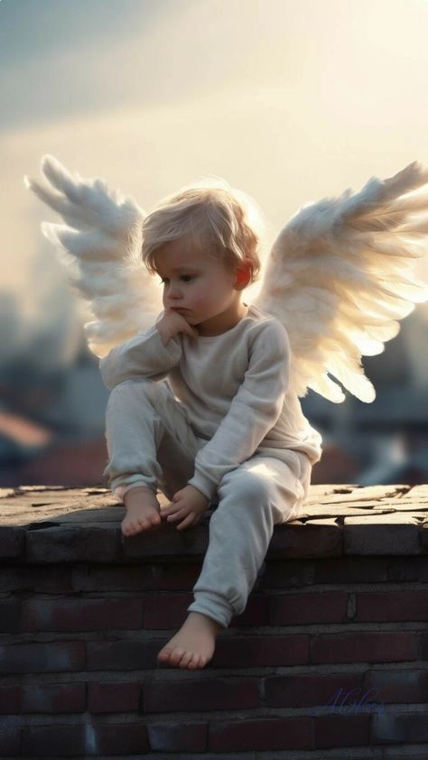 a small child sitting on top of a brick wall with angel wings flying over it