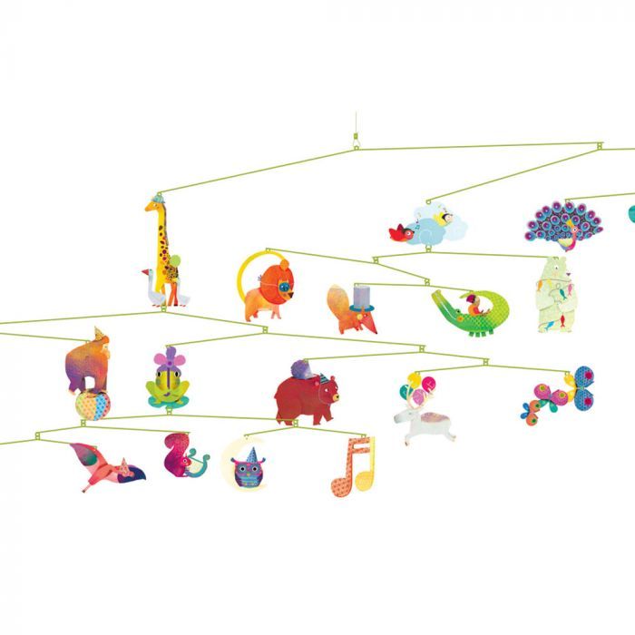 an image of a mobile with animals and birds hanging from it's wires on a white background