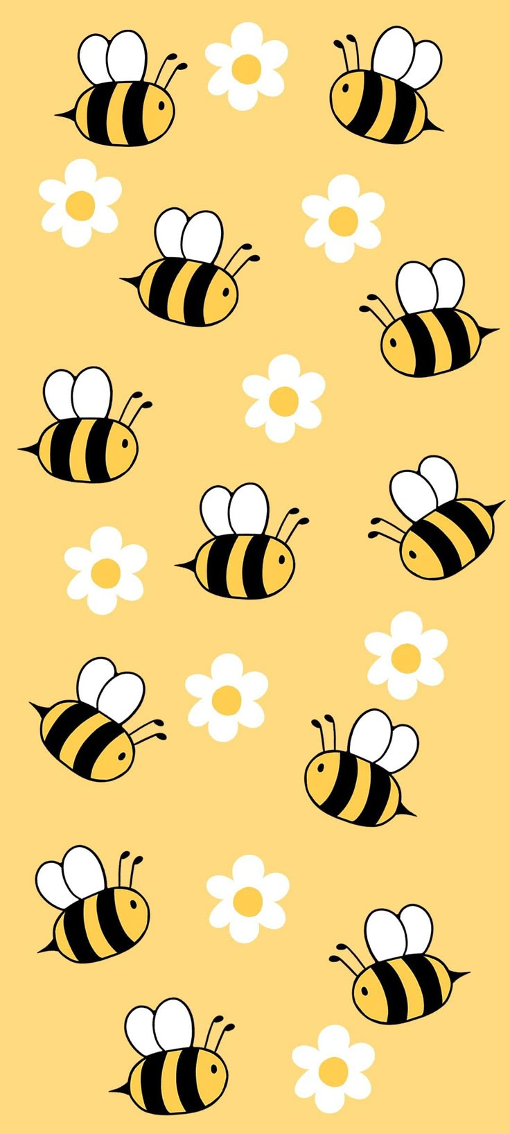 a bunch of bees flying through the air with daisies in front of them on a yellow background