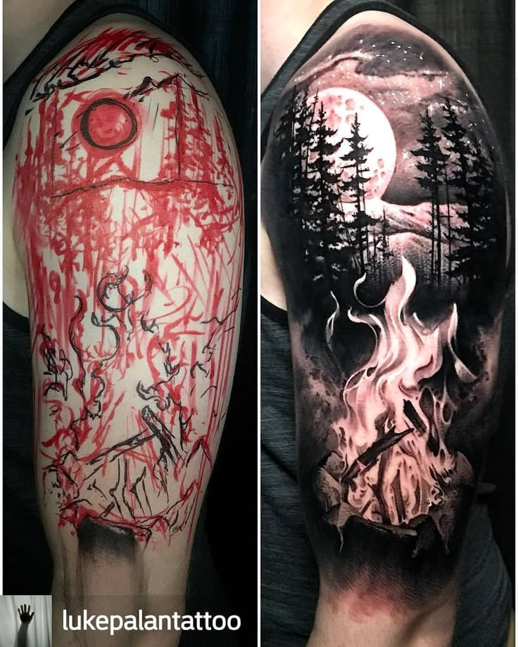 two different tattoos on the arm and shoulder, one with a red fire hydrant