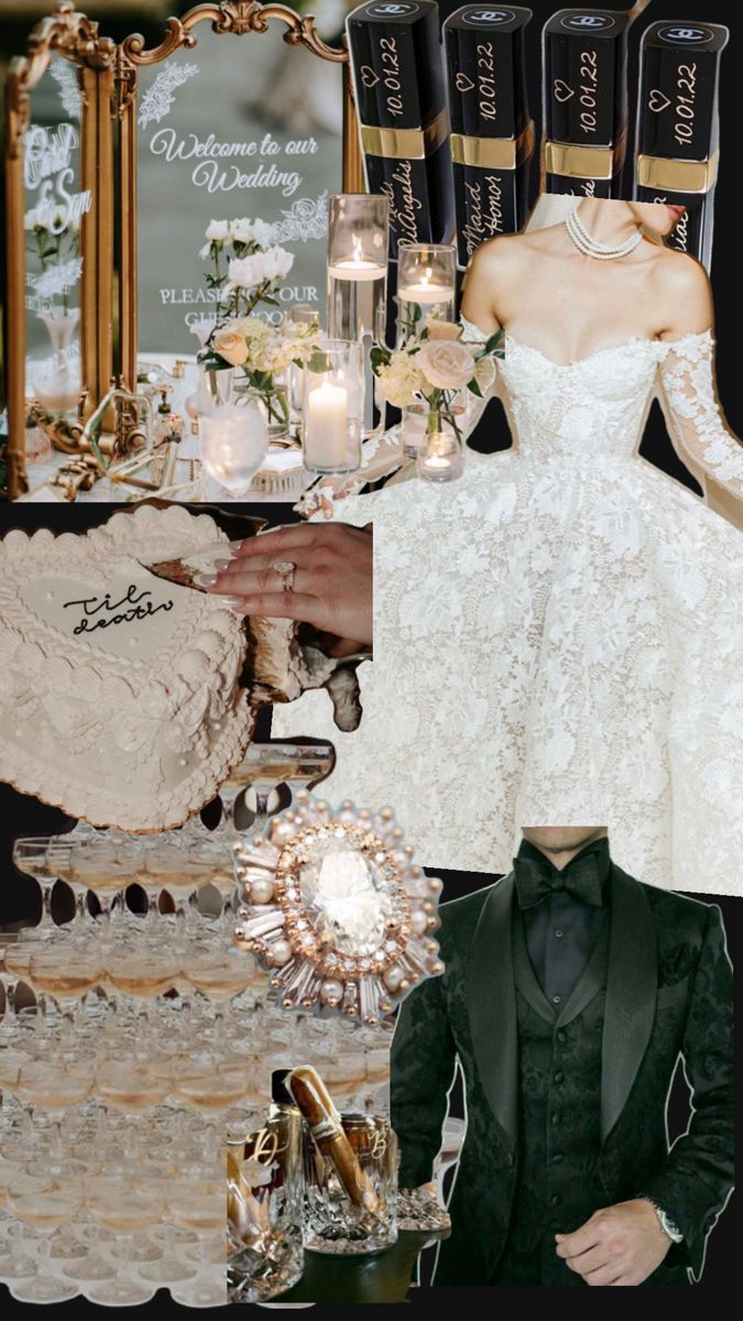 a collage of photos with wedding gowns and groom's attire on display