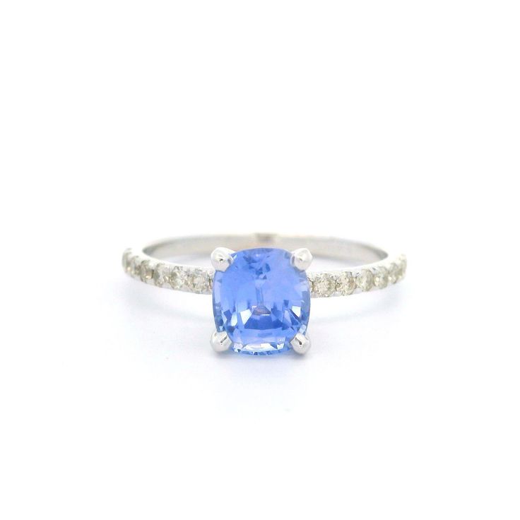 --Stone(s):-- (1) Natural Genuine Sapphire - Cushion Cut - Prong Set - Periwinkle Blue Color - No Heat - 1.43ct (exact - certified) ** See Certification Details Below for Complete Info ** (16) Natural Genuine Diamonds - Round Brilliant Cut - Prong Set - I/J Color - VS2/SI1 Clarity - 0.24ctw (approx.) Total Carat Weight:  1.67 (approx.) Material: Solid 14k White Gold Weight: 1.92 Grams Ring Size: 6.0 (Fitted on a finger. We can custom size this ring. Please contact us prior to purchase for sizing Blue Sapphire Diamond Ring, Blue Sapphire Diamond, Sapphire Diamond Ring, Ring Pictures, No Heat, Periwinkle Blue, Natural Sapphire, Sapphire Diamond, Quality Jewelry