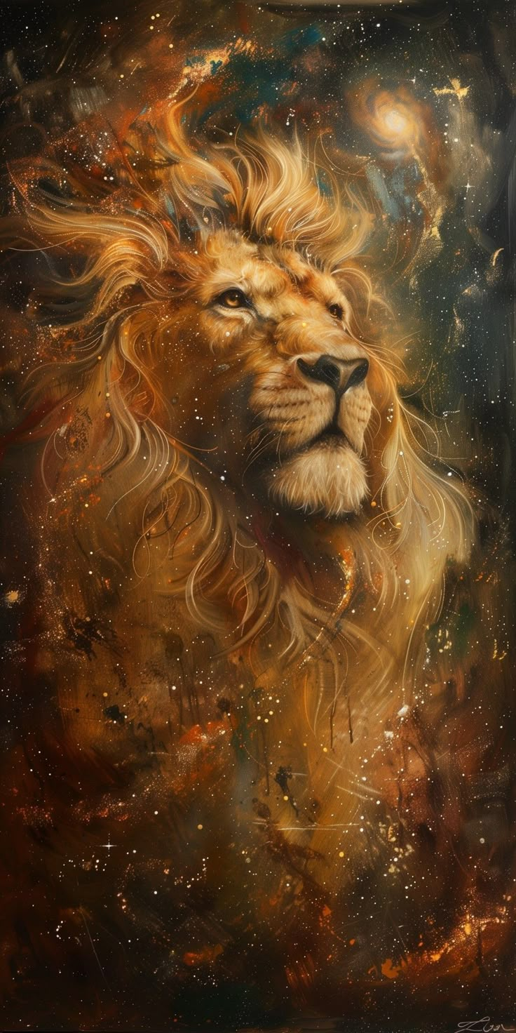 a painting of a lion's head with stars in the background