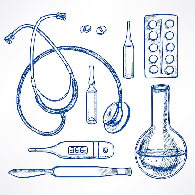 various medical items drawn in blue ink