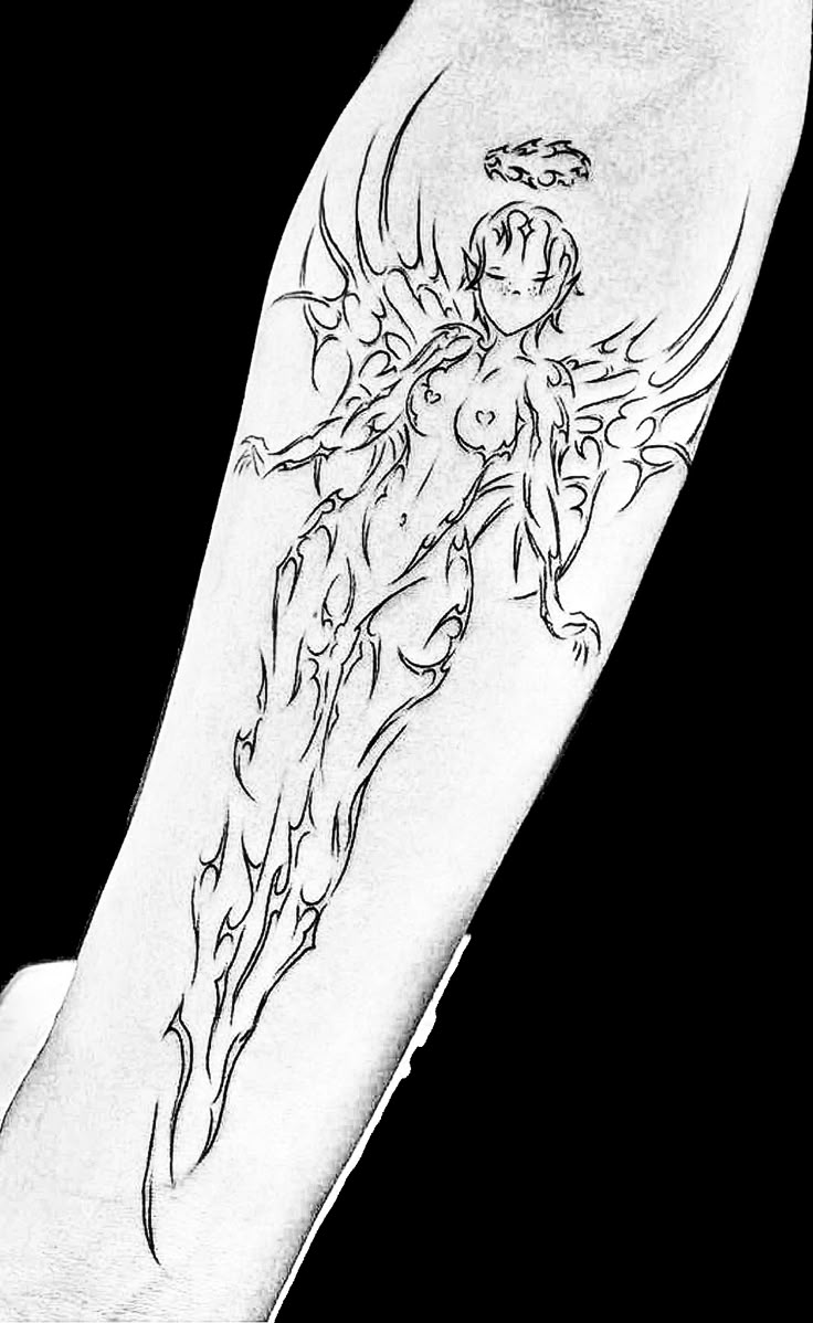 a drawing of a woman's arm with an angel tattoo on the back of it