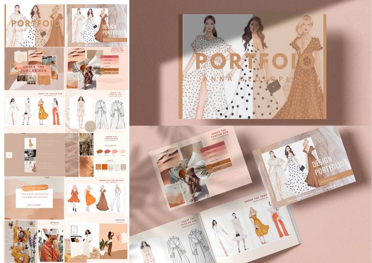 an assortment of fashion brochures are displayed on a pink background, with images of women's dresses