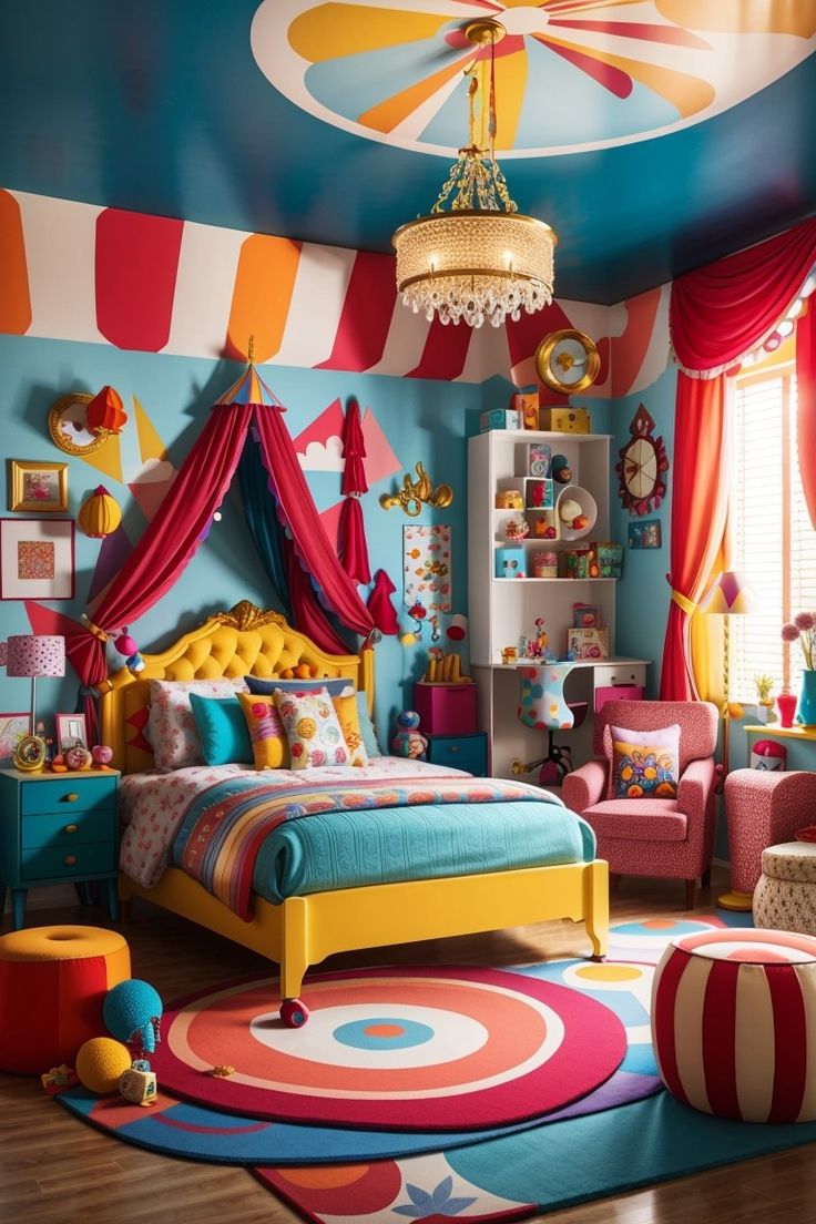 a bedroom decorated in bright colors with lots of furniture