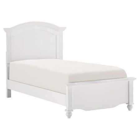 a white bed with a wooden headboard and foot board