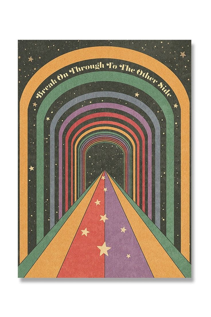 a card with an image of a rainbow tunnel in the sky and stars on it