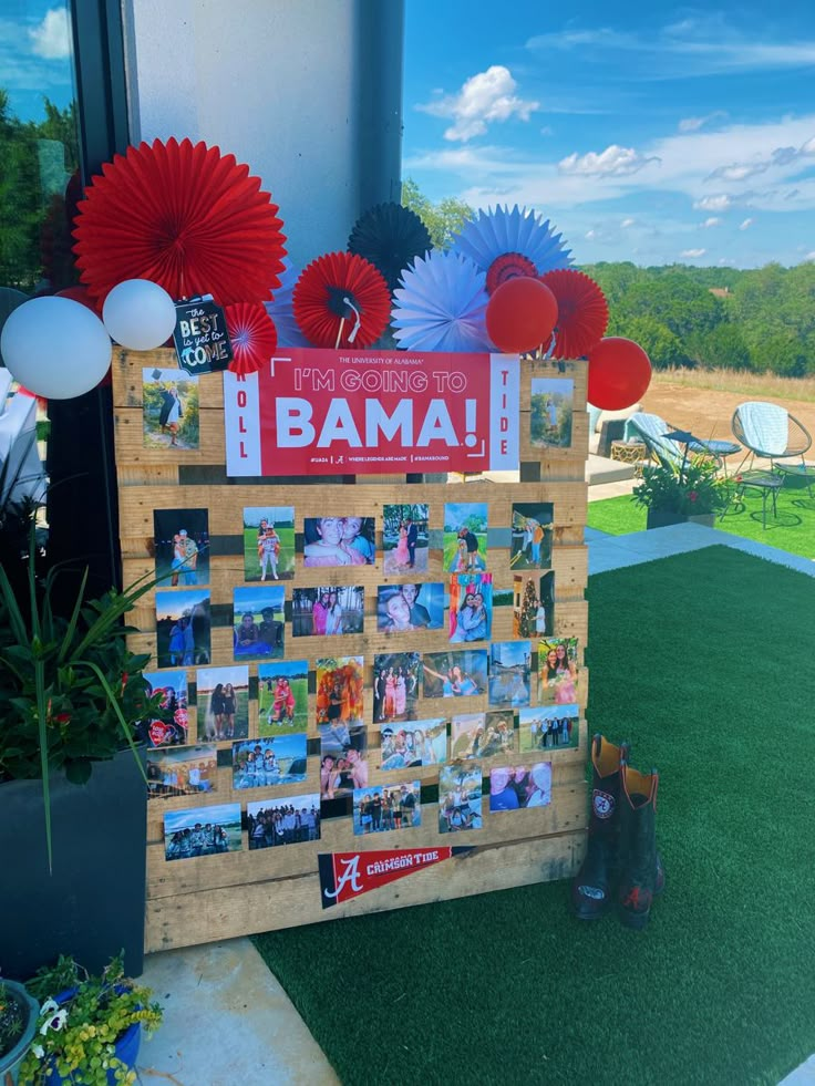 a wooden board with pictures and balloons on it