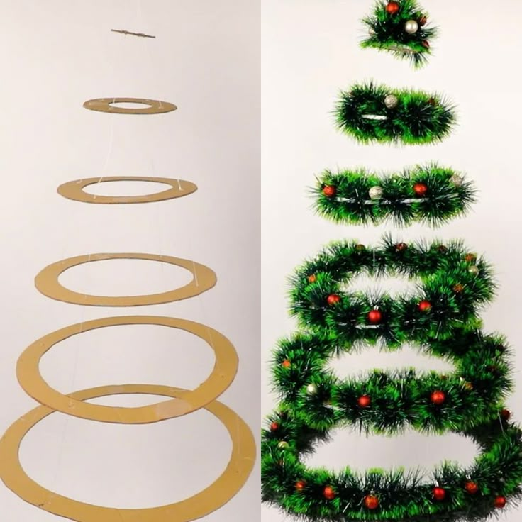 three christmas trees are hanging on the wall and one is made out of wood circles