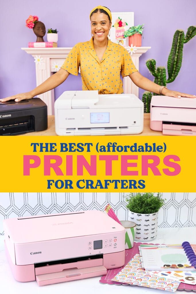 a woman standing behind a printer with the words, the best affordable printers for crafters