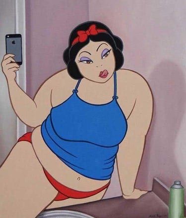 an animated image of a woman taking a selfie with her cell phone while sitting on a bed