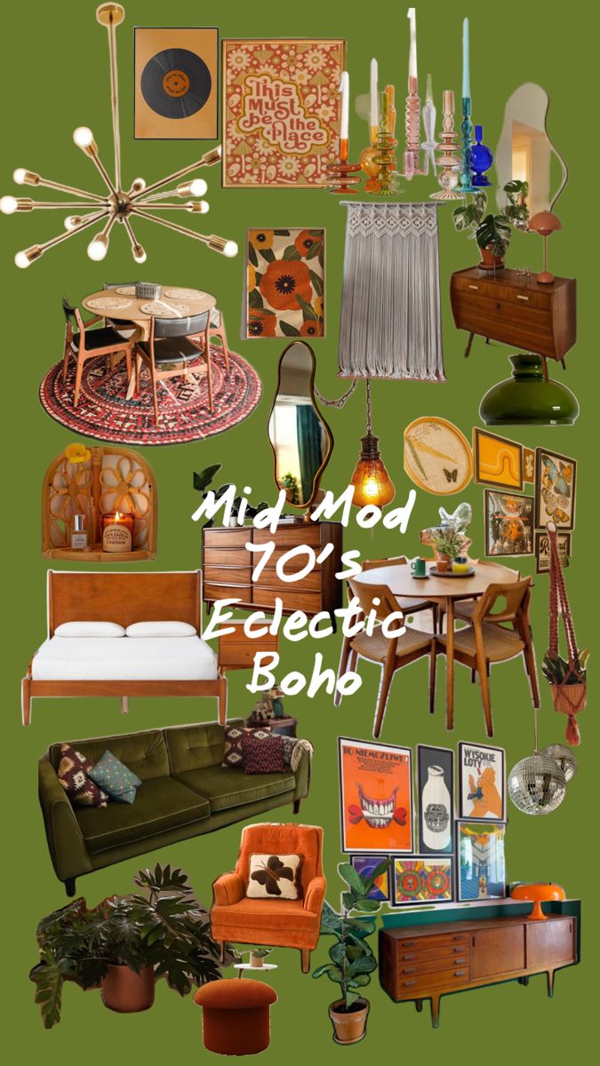 a collage of furniture and decor with the words mid - mod 101's eclectic books