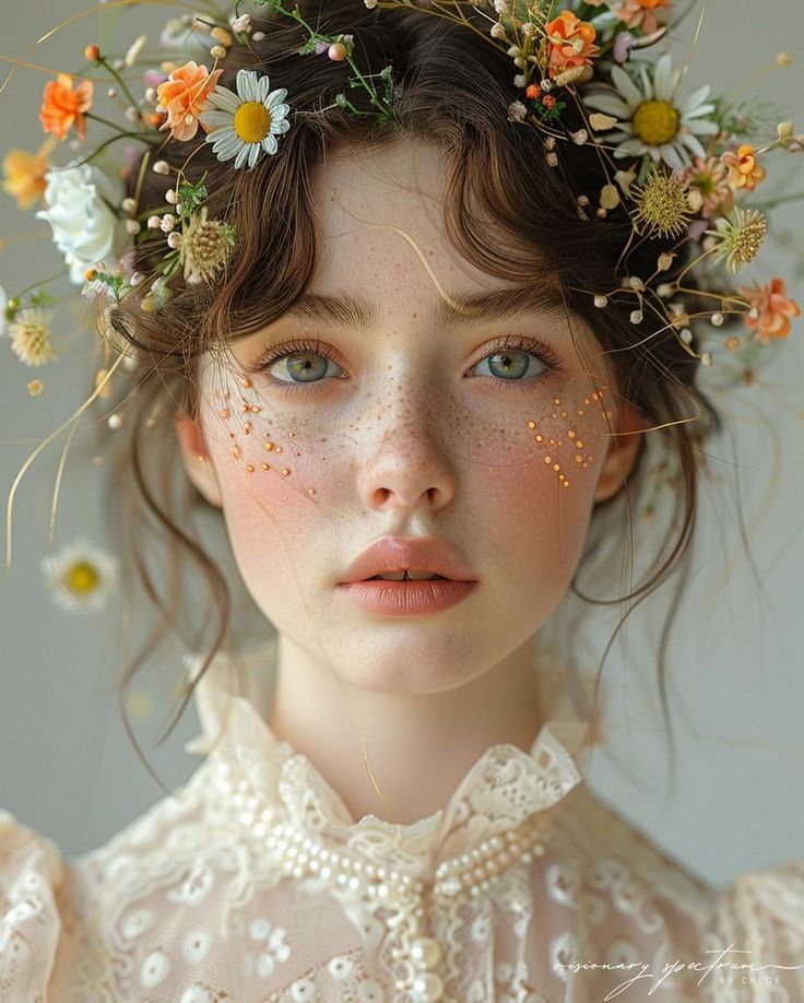 Flower Make Up Looks, Makeup With Flowers, Photo Reference Portrait, Female Poses Reference, Pencil Colour Painting, Face With Flowers, Flower On Head, Bride Head, Aesthetic Face