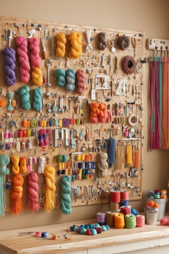 there are many yarns and scissors hanging on the pegboard in this craft room