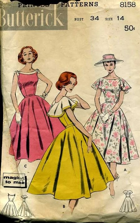 Butterick 8158 | Vintage Sewing Patterns | Fandom 19s Fashion, 50s Dress Pattern, 60s Vintage Fashion, Vintage Clothes Patterns, 1950s Sewing Patterns, Fashion Artwork, Fifties Fashion, Vintage Dress Patterns, Butterick Pattern