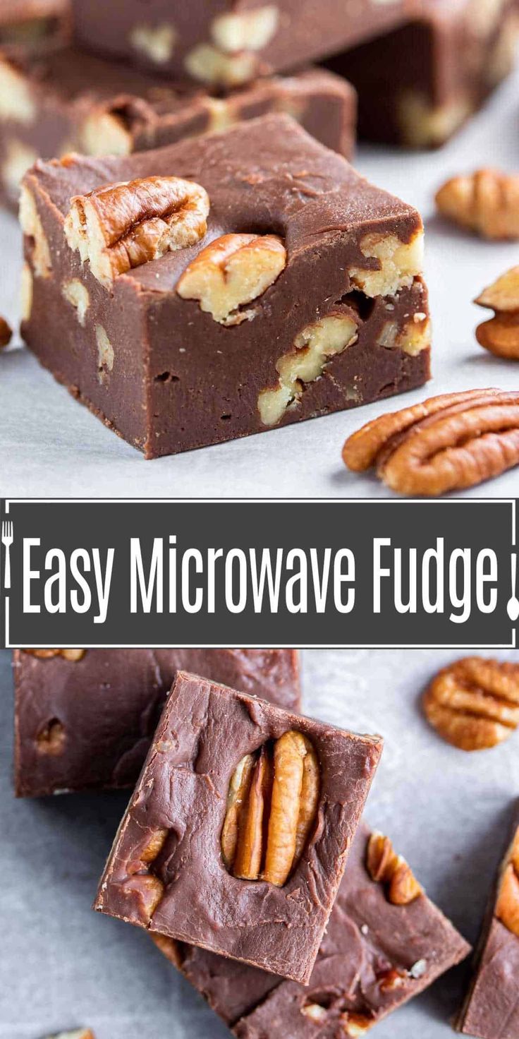 chocolate fudge bars with pecans on top and the words easy microwave fudge