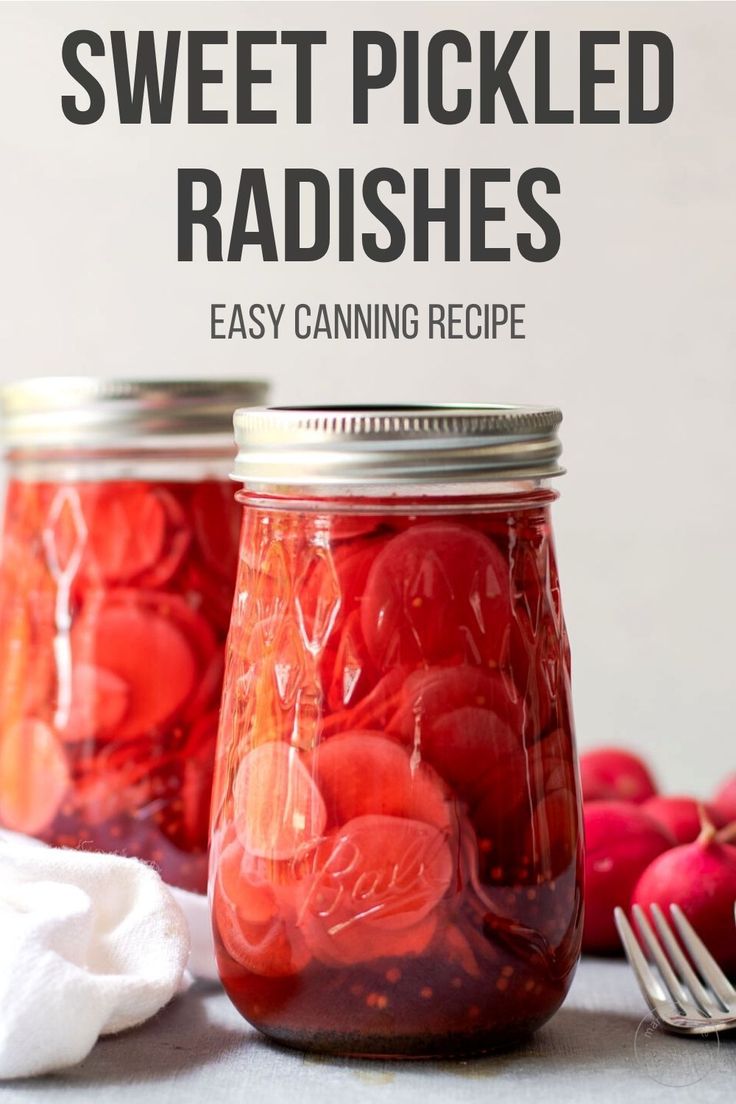 two jars filled with pickled radishes on top of a table