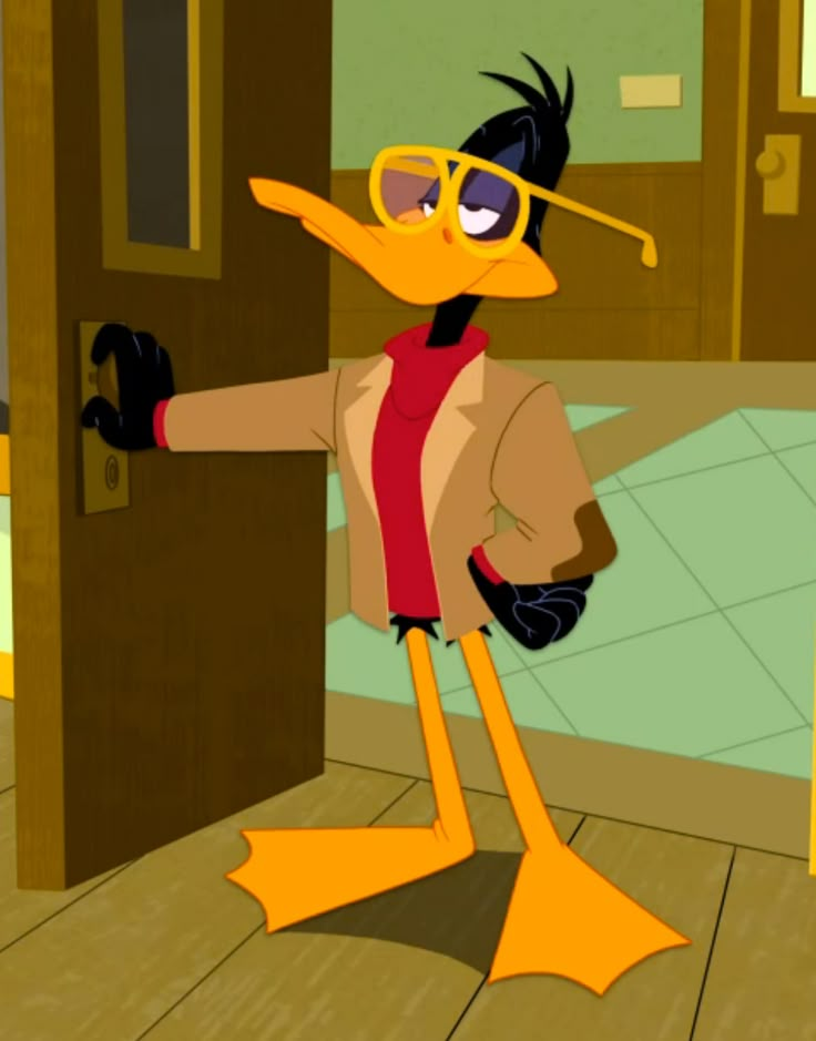 a cartoon duck wearing glasses and standing in front of a door