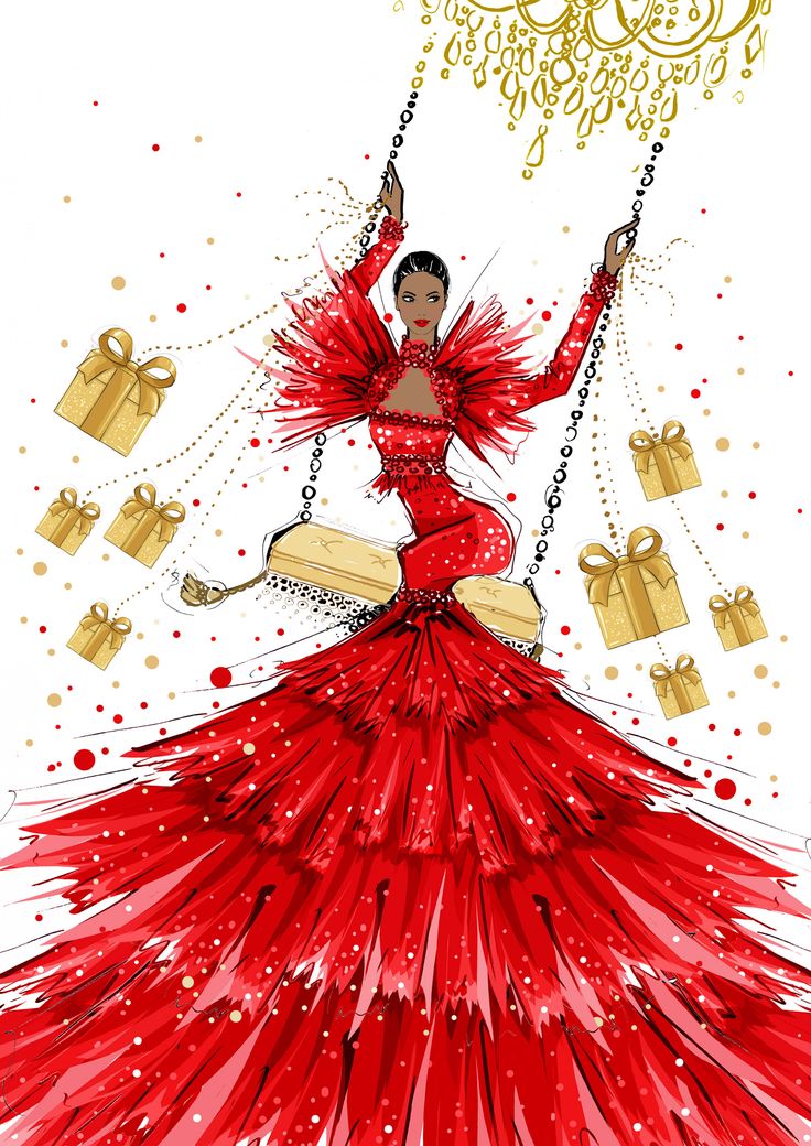 a drawing of a woman in a red dress on a swing with presents around her