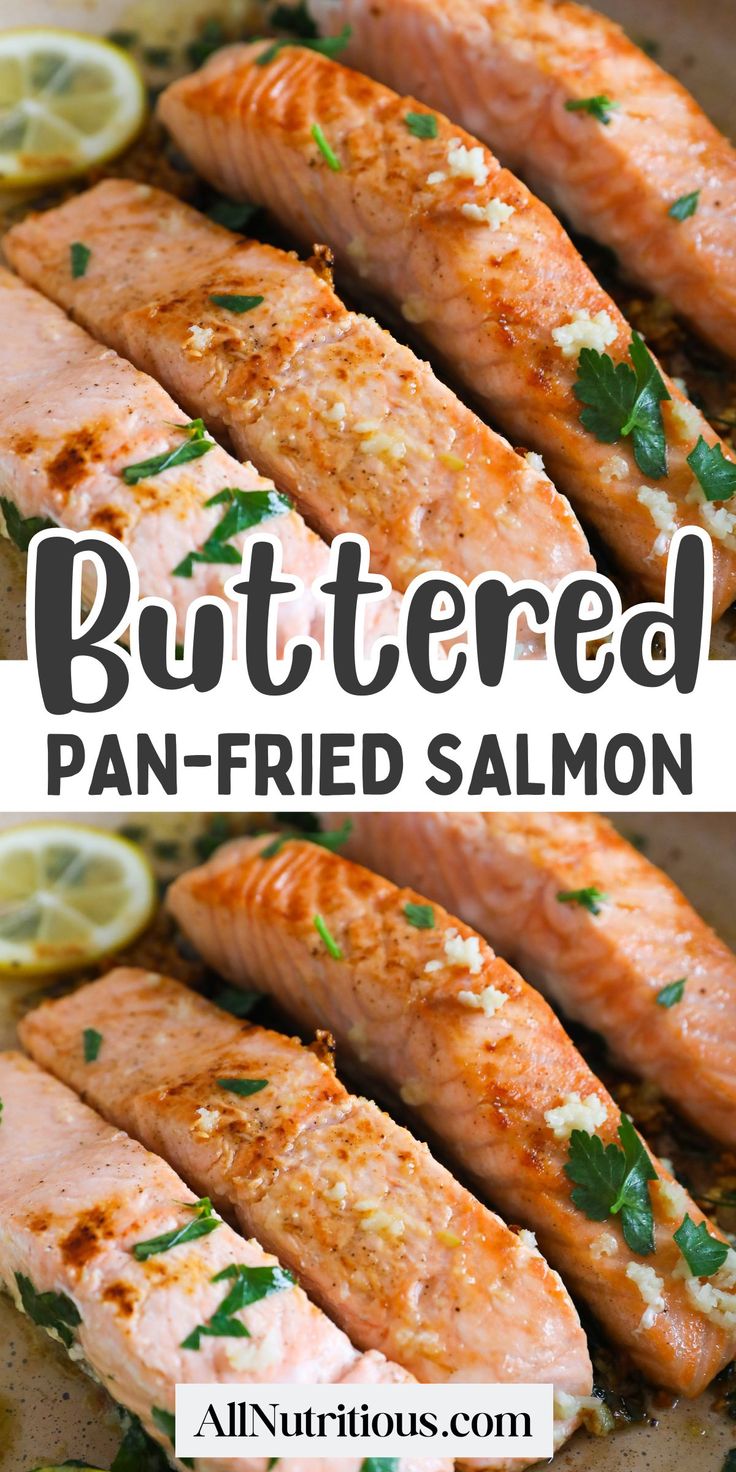 salmon fillets with buttered pan - fried salmon on top and lemon wedges in the bottom