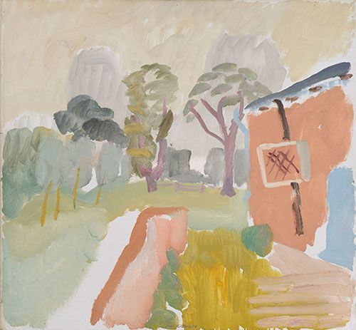 an abstract painting with trees and buildings in the background