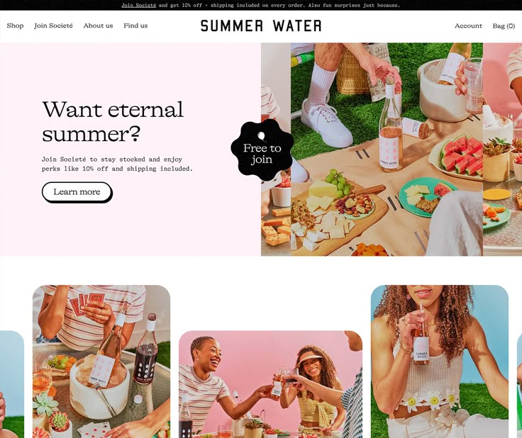 the website for summer water is displayed with images of people having drinks and eating food